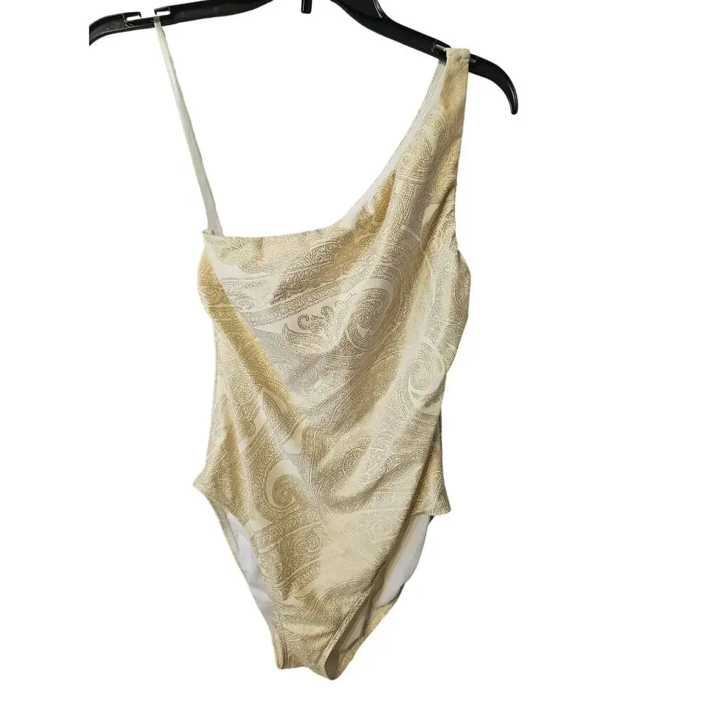 Lauren Ralph Lauren Gold Paisley One-Shoulder Swimsuit, Size 6, NWT